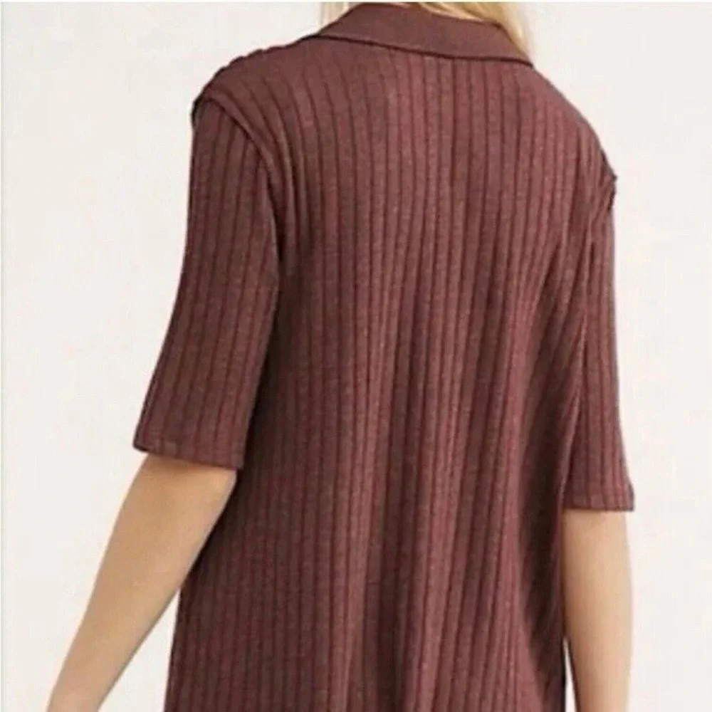 Free People Heart Strings Brown‎ Polo Ribbed Knit Shirt Top XS Old Money Preppy